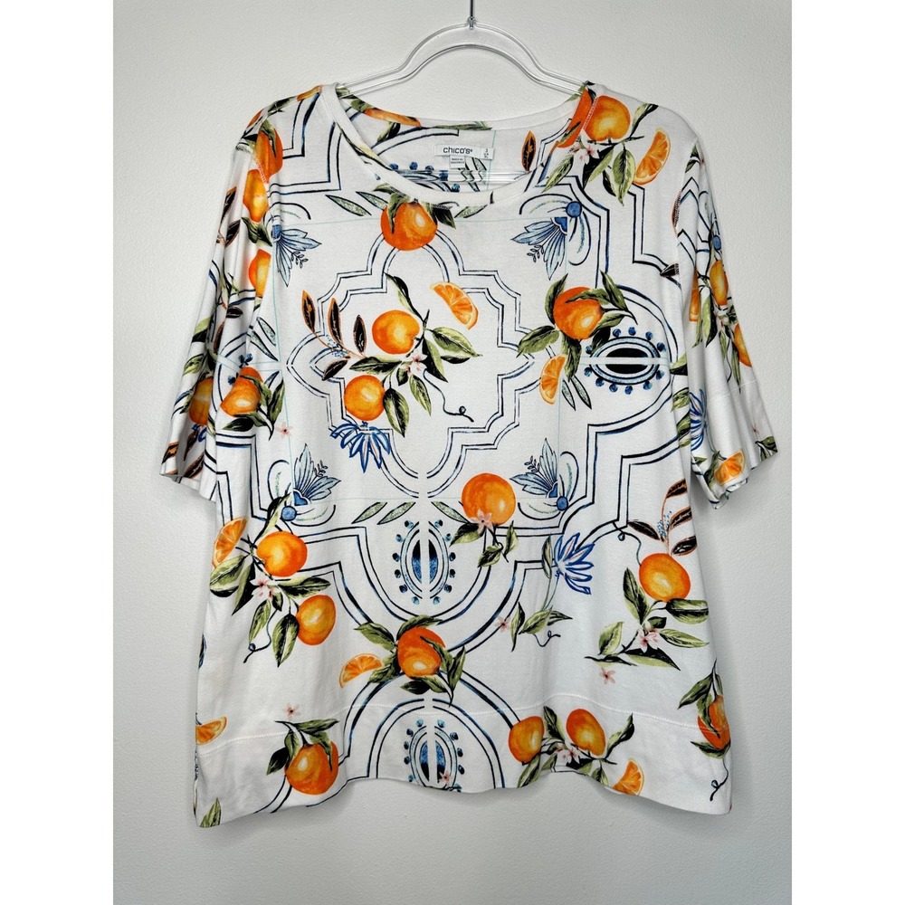 Chicos Pima Cotton Tee Top Size 3 XL White Orange Fruit‎ Print Short Sleeve